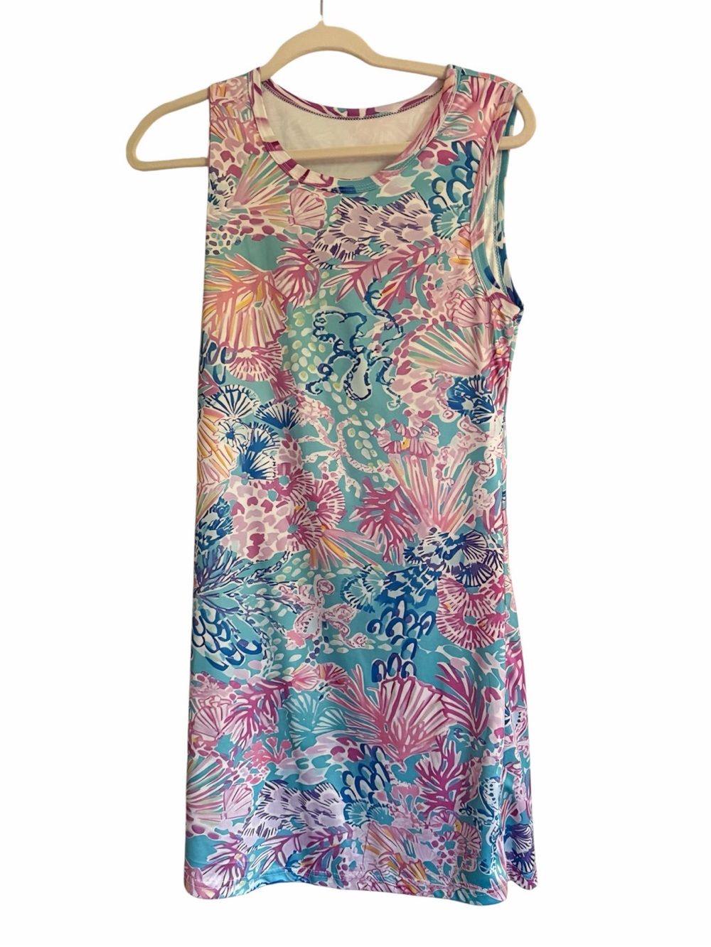 Sleeveless Mini Dress in Turquoise with Pink Floral Print of the Sea. Sz S NEW